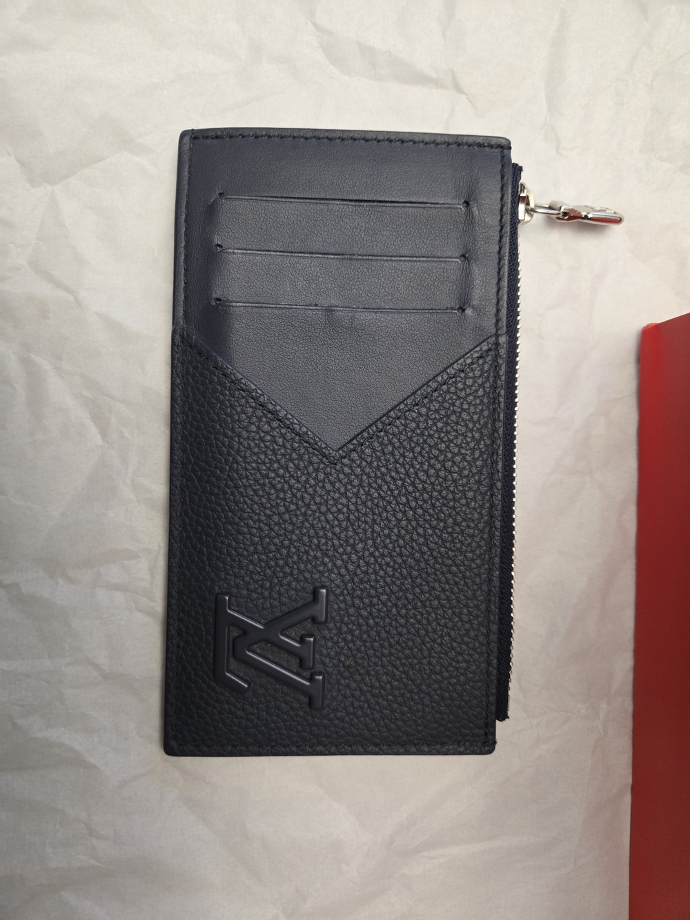 Louis Vuitton Navy Blue Leather Zip Card Holder with Embossed LV